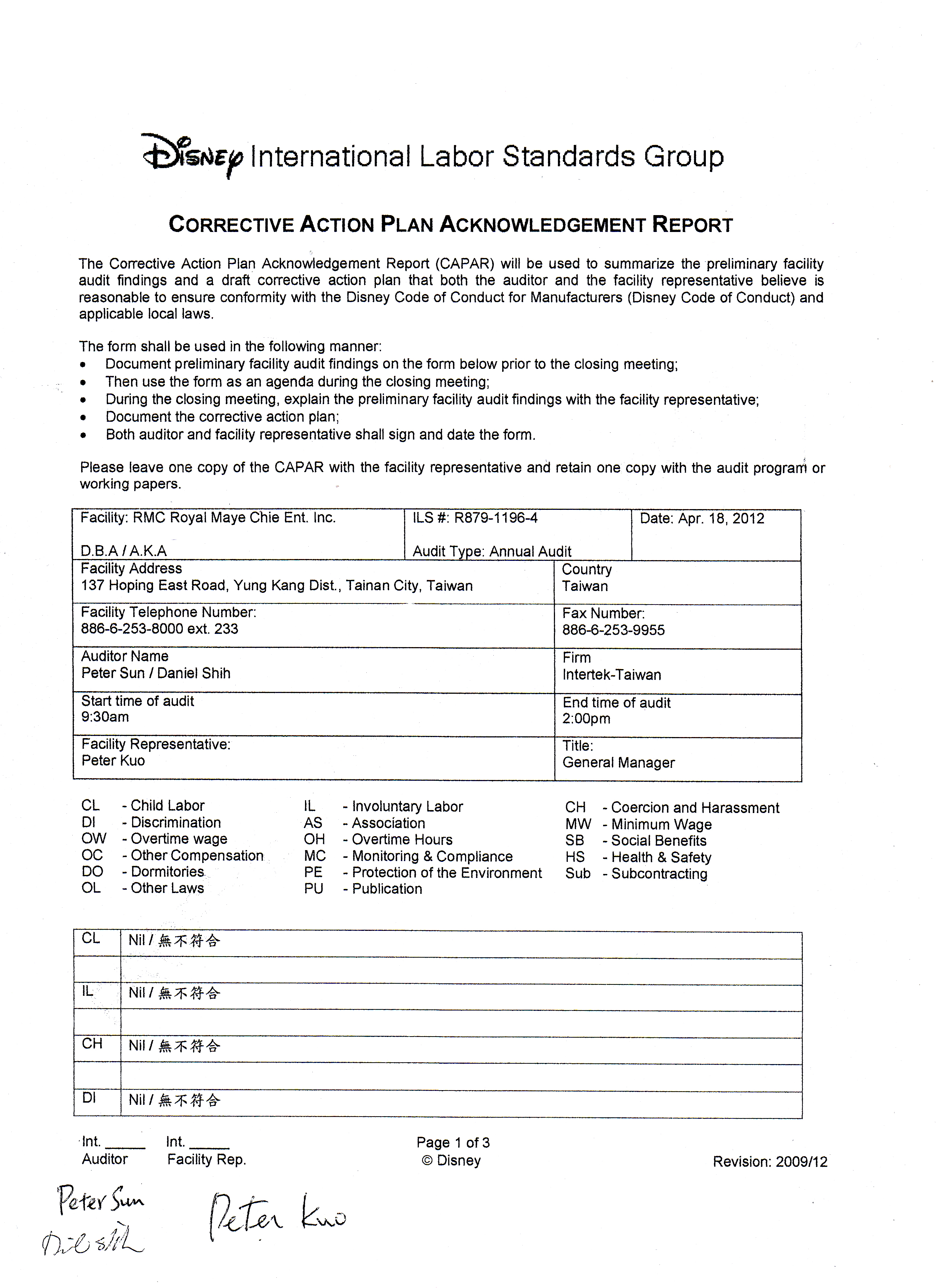 2012 Disney International Labor Standards Group