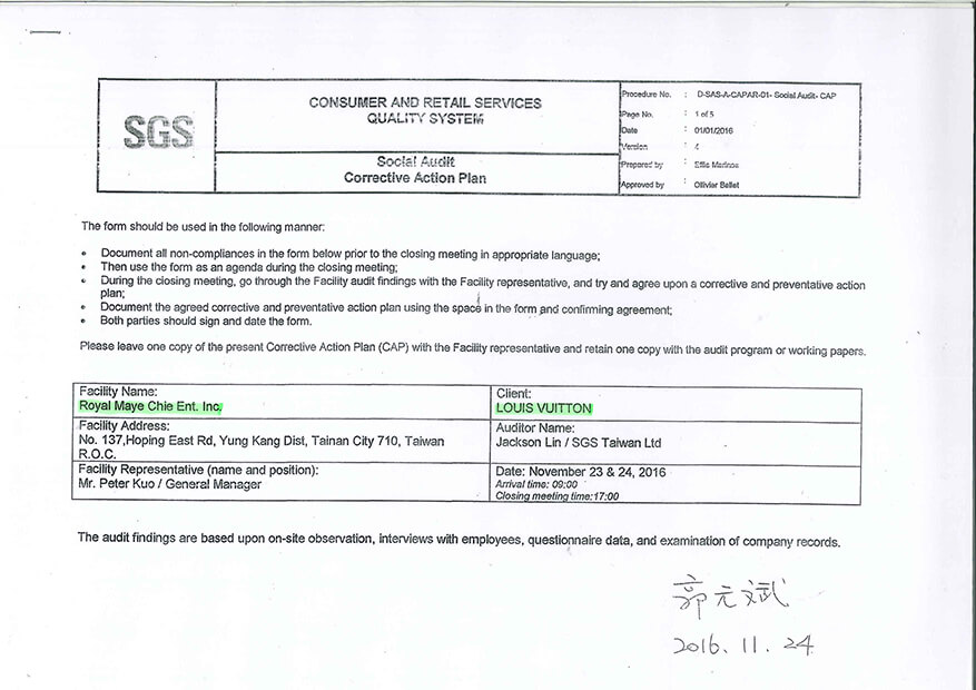 2016 LOUIS VUITTON CORRECTIVE ACTION PLAN ACKNOWLEDGEMENT REPORT