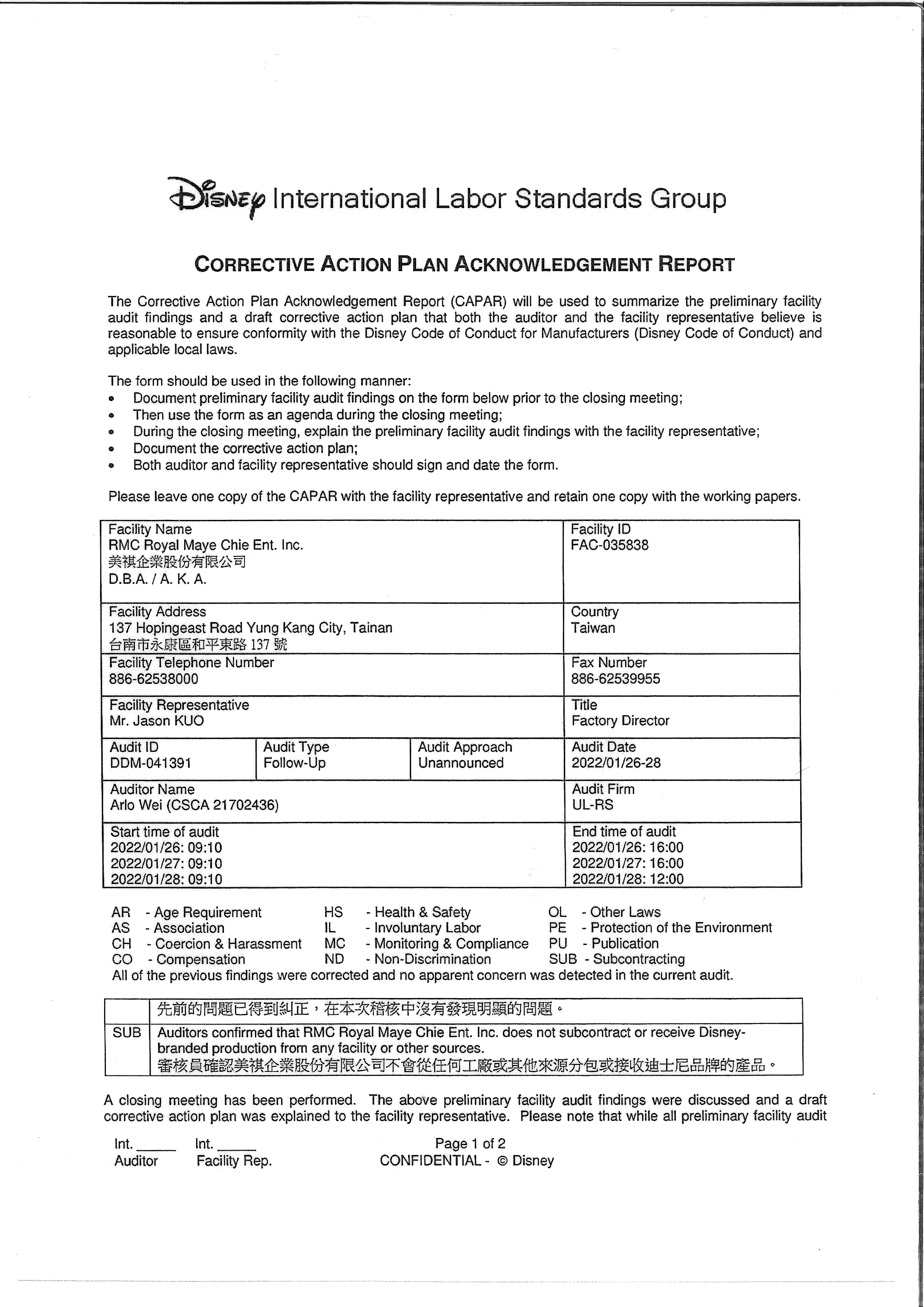 2022 Disney International Labor Standards Group